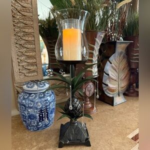 Vintage Pineapple Palm Candle Holder With Glass Drops, Metal